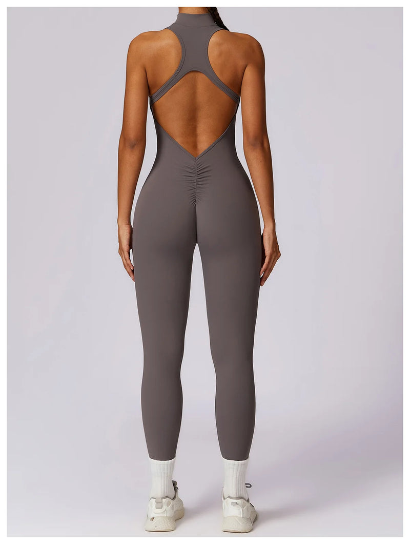 V Voltar Terno De Uma Peça Das Mulheres Macacão Esportivo Zíperes Yoga Macacão Backless Sportswear Mulheres Sleeveles Workout Bodysuits Feminino