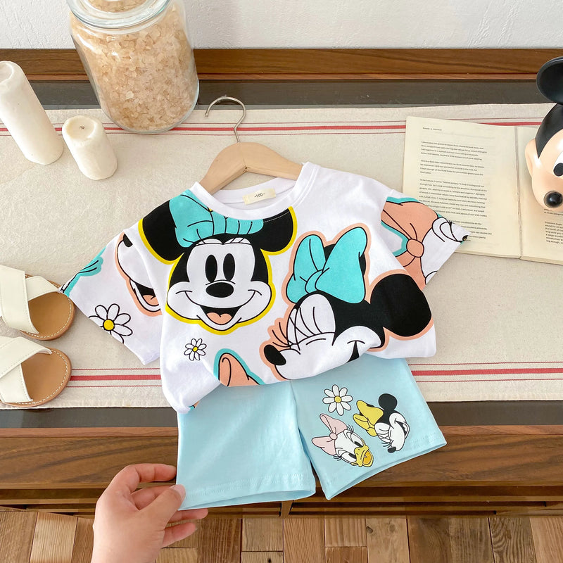 Verão Minnie Disney impresso T-shirt casual fashion set meninas bebê manga curta sportswear bonito Tshirts para crianças slim fit set