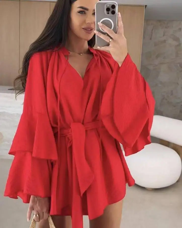 Elegante Plissado Vestido Curto Mulheres Solto Lace Up Manga Longa Flare V Neck Vestidos Feminino 2025 Primavera Oco Out Praia Robe Senhora