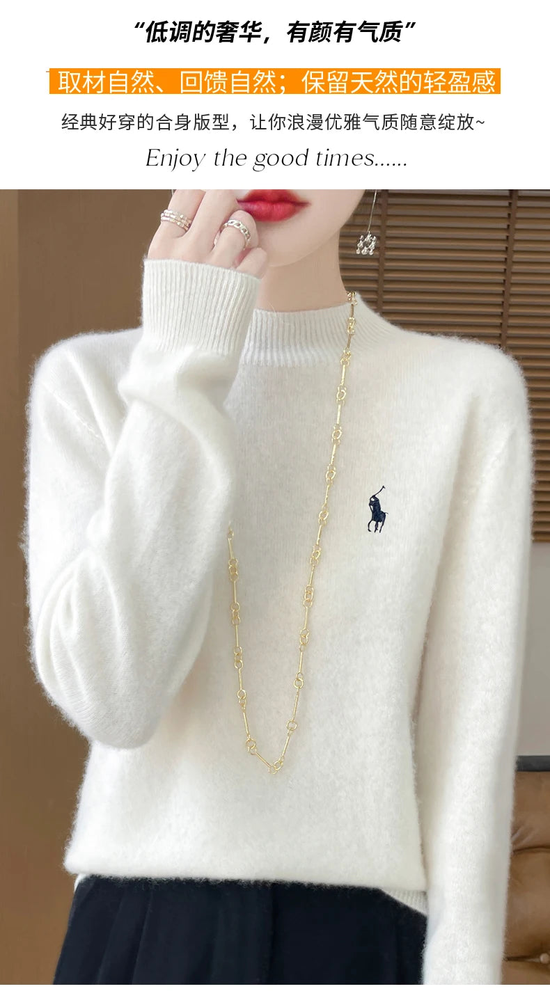 2025 Outono/Inverno Feminino Novo Moletom Com Capuz De Caxemira Elegante Bordado Meio Alto Gola Macia Caxemira Explosiva100% Lã Australiana