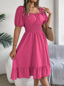 Mulheres Vestidos Pequenos 2024 Verão Casual Decote Quadrado Manga Curta Cintura Vestido de Borda com Babado Mulheres Elegante