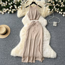 SINGREINY Verão Suave Malha 2 pcs Conjuntos Mulheres Halter Sem Mangas Camis + Bodycon Split Saia Com Cordão Oco Out Ternos De Férias