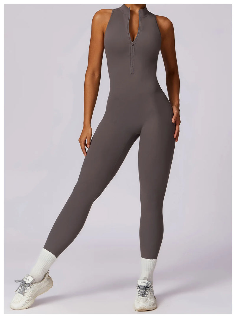 V Voltar Terno De Uma Peça Das Mulheres Macacão Esportivo Zíperes Yoga Macacão Backless Sportswear Mulheres Sleeveles Workout Bodysuits Feminino