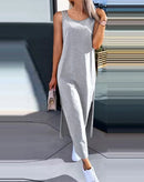 Vestidos Femininos 2024 Moda Verão Fenda Vazada Casual Tecido Decote Redondo Sem Mangas Diário Reto Vestido de Panturrilha Média