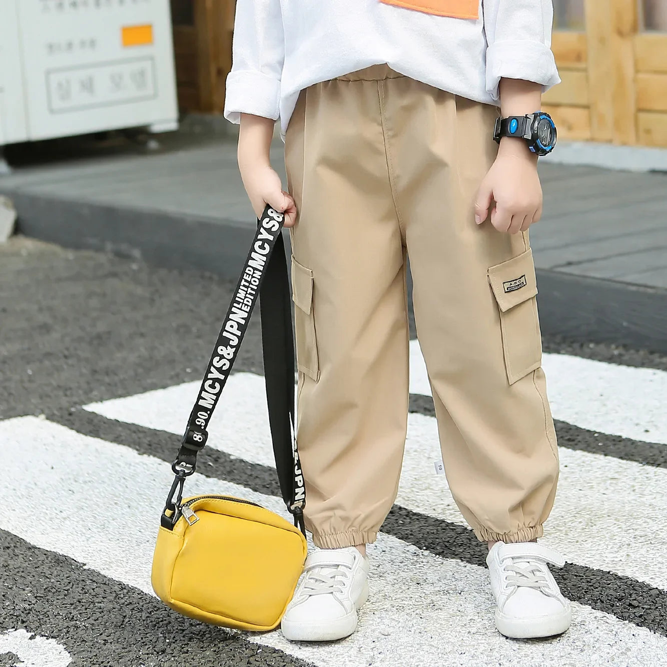 Kids Cargo Pants Solid Color Children Casual Trousers with Multi Pockets Elastic Waist Boys Cargo Pant Streetwear Spring Autumn
