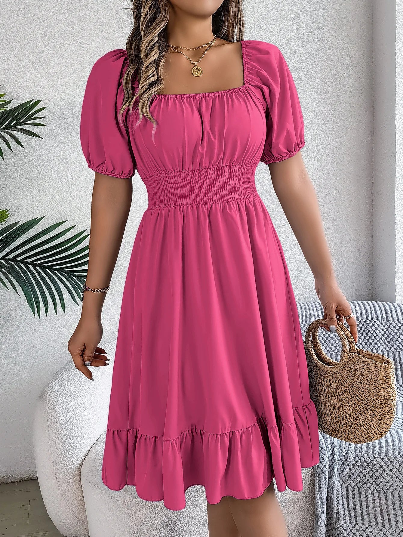 Mulheres Vestidos Pequenos 2024 Verão Casual Decote Quadrado Manga Curta Cintura Vestido de Borda com Babado Mulheres Elegante