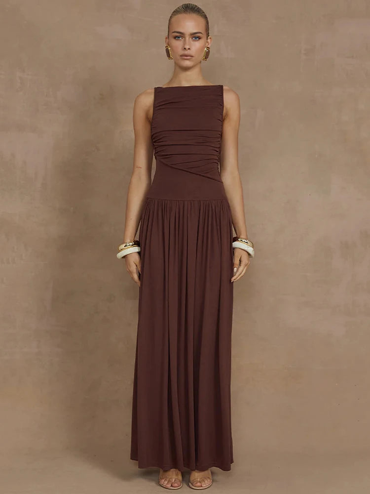 Mozision Elegante Sem Mangas Maxi Vestido Para As Mulheres Moda Sólida Barco Pescoço Tanque Vestidos Senhoras Sexy Ruched Vestido Longo Novo Vestido