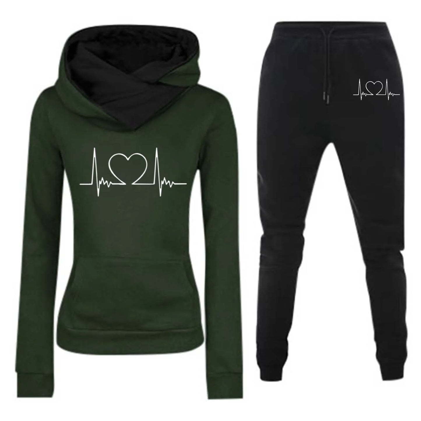 Mulheres Moletom Outono/Inverno Batimentos Cardíacos Frequência Impresso Veludo Moletom com Capuz Conjunto Casual