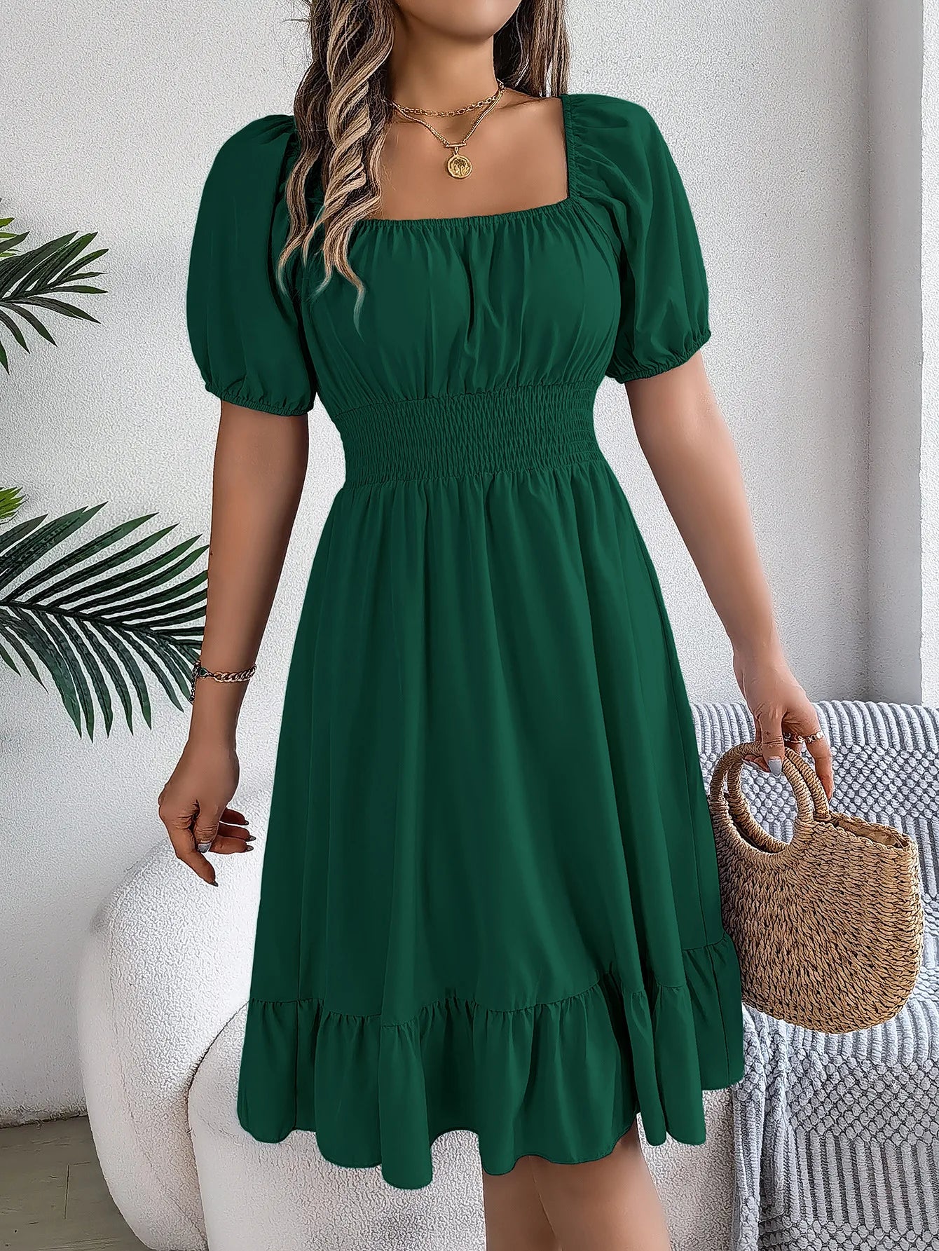 Mulheres Vestidos Pequenos 2024 Verão Casual Decote Quadrado Manga Curta Cintura Vestido de Borda com Babado Mulheres Elegante