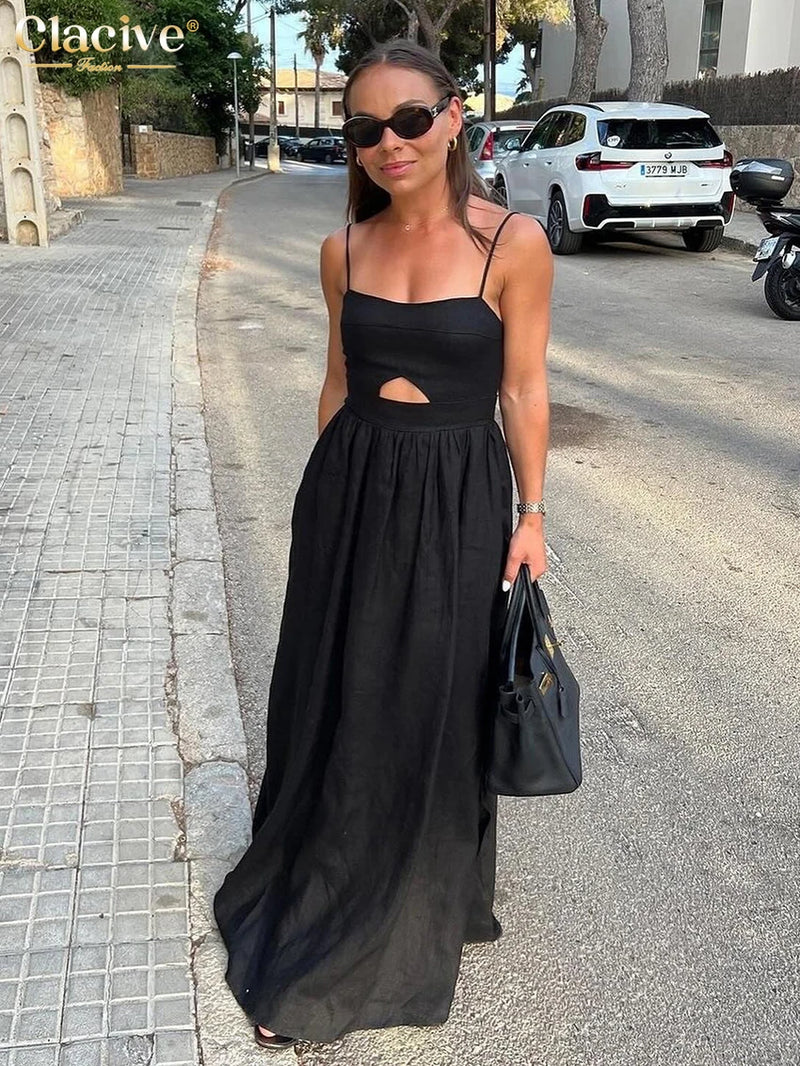 Clacive Sexy Loose Black Cotton Womens Dresses 2024 Summer Strap Sleeveless Ankle Length Dress Elegant Hollow Out Female Dress