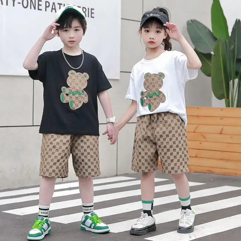 Roupas para Crianças Meninos Verão Cartoon Bear T-Shirt & Plaid Shorts Conjunto de 2 Peças Conjunto de Treino Geométrico Adolescente Menina Urso Estereoscópico