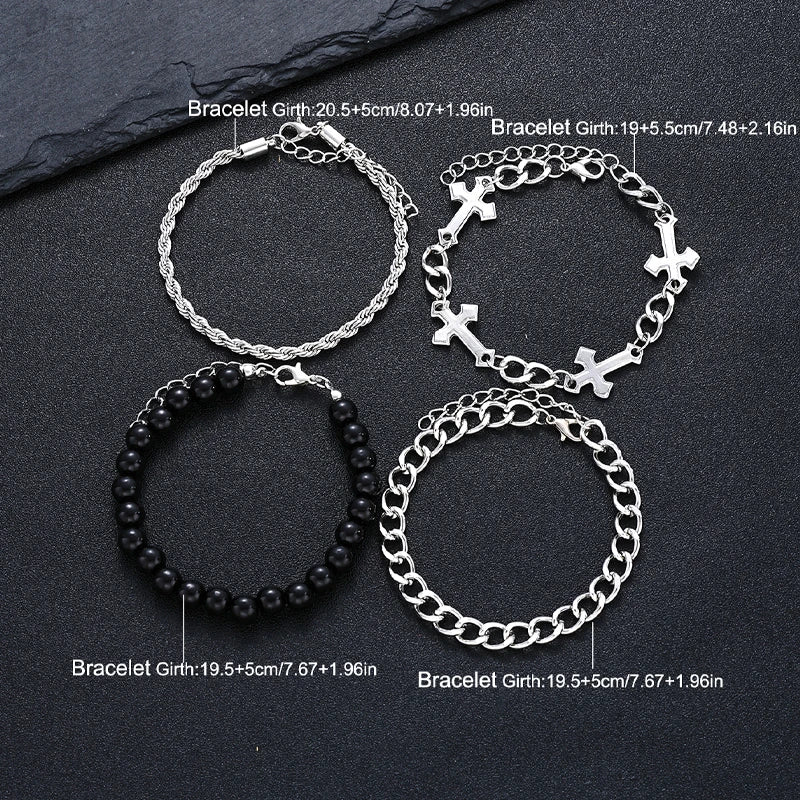 Conjunto de 4 Pcs Pulseira de Aço Inoxidável Para Homens Mulheres Punk Moda Cross Beads Pulseiras de Corrente Simples Hip Hop Unissex Jóias Presente Novo