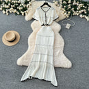 SINGREINY Verão Suave Ternos de Tricô Mulheres Botão Design Manga Curta O Pescoço Tops + Bodycon Saia Gancho Flor Oco 2pcs Set