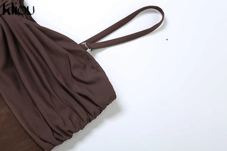 kliou Malha Suspendência Mulheres Maxi Vestido Sexy Ver Através Amarrado Patchwork Gola Baixa Sem Encosto Bodycon Feminino Moda Festa Vestidos