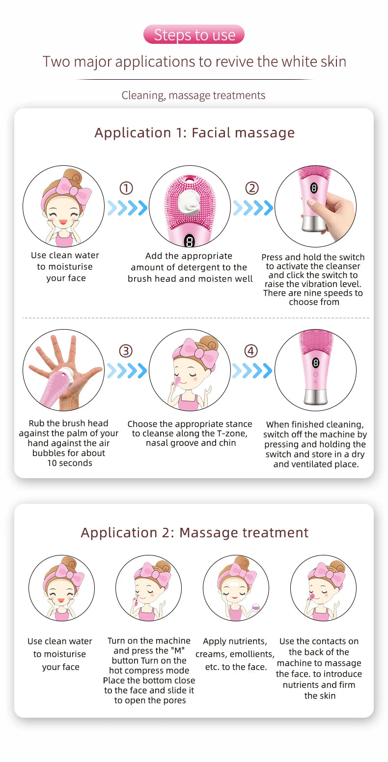 Escova Facial Ultrassônica Elétrica 9 Velocidades, Limpador de Pele Sônica com Vibração de Alta Frequência, Rosto de Silicone Recarregável