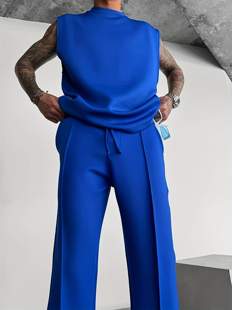 2025 Verão novo masculino moda esportiva calças casuais colete conjunto solto sem mangas T-shirt conjunto de cor sólida