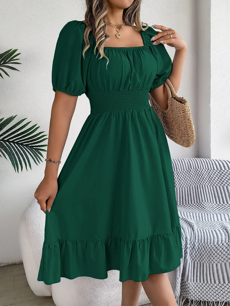 Mulheres Vestidos Pequenos 2024 Verão Casual Decote Quadrado Manga Curta Cintura Vestido de Borda com Babado Mulheres Elegante