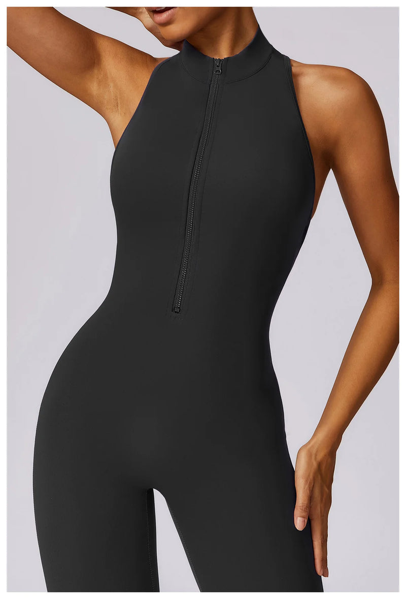 V Voltar Terno De Uma Peça Das Mulheres Macacão Esportivo Zíperes Yoga Macacão Backless Sportswear Mulheres Sleeveles Workout Bodysuits Feminino