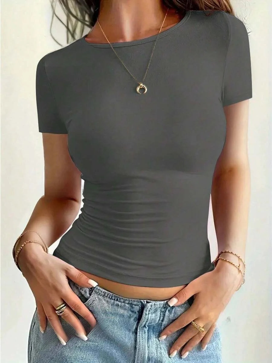 Camisetas Femininas Básicas Decote Redondo Manga Curta Tops Curtos Tops Fofos de Verão Camisetas Slim Fit Y2k Roupas 2024