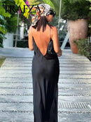 TRAFZA 2024 Mulheres Vestido de Verão Cetim Sem Mangas Sem Encosto Decote Em V Feminino Vestidos Longos Chic Sexy Party Vintage Mulher Vestido de Noite