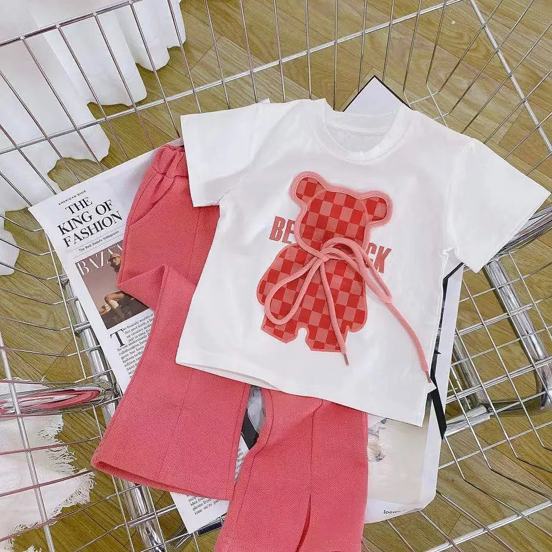 Conjunto de roupas de verão para bebês meninas Camiseta de urso dos desenhos animados infantil e calças largas Terno Crianças de manga curta Top Bottom Tracksuit