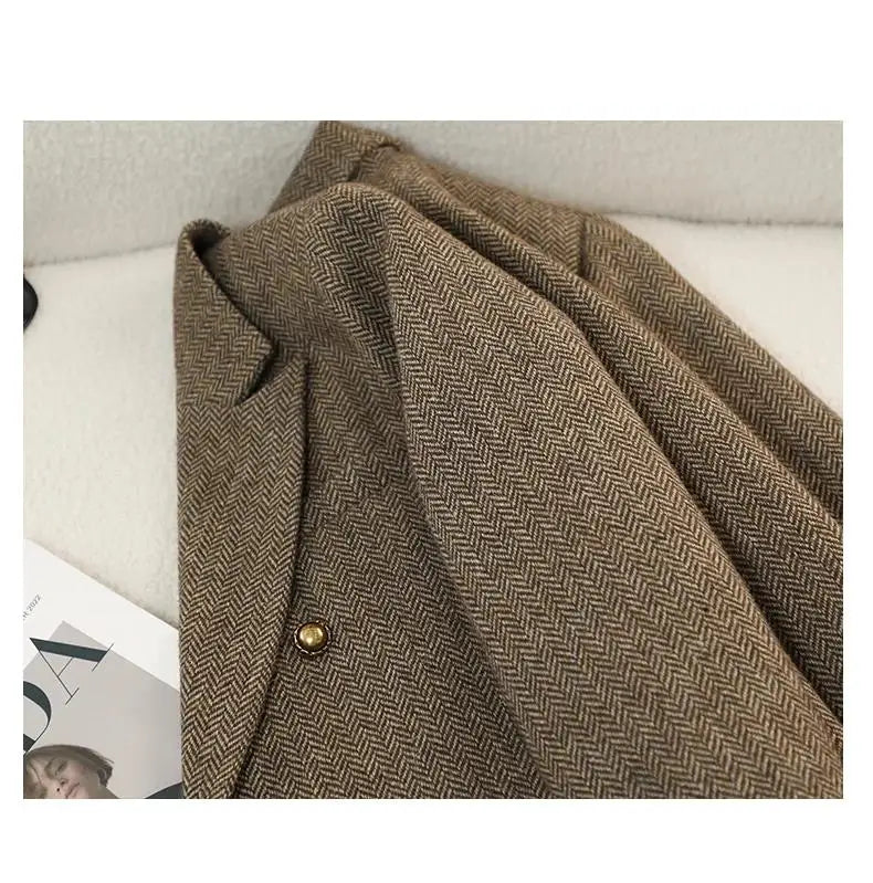 Outono Inverno Novo Blazer Casacos Jaquetas de Lã Feminina Manga Comprida Entalhado Vintage Grosso Outerwears Roupas Femininas Elegantes