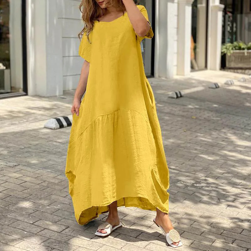 Mulheres Decote Em V Manga Curta Solta Vestido De Linho De Algodão Moda Verão Feminino Oversized S-5XL Longo Maxi Vestido JYFS-3029