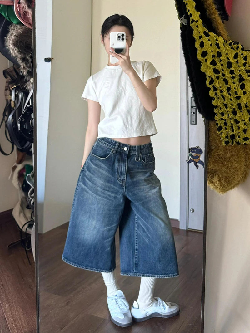 2024 Vintage Wash Whiskers Denim Shorts Mulheres Cintura Baixa Desgastado Desfiado Perna Larga Jeans Baggy Jorts Roupas Casuais de Verão