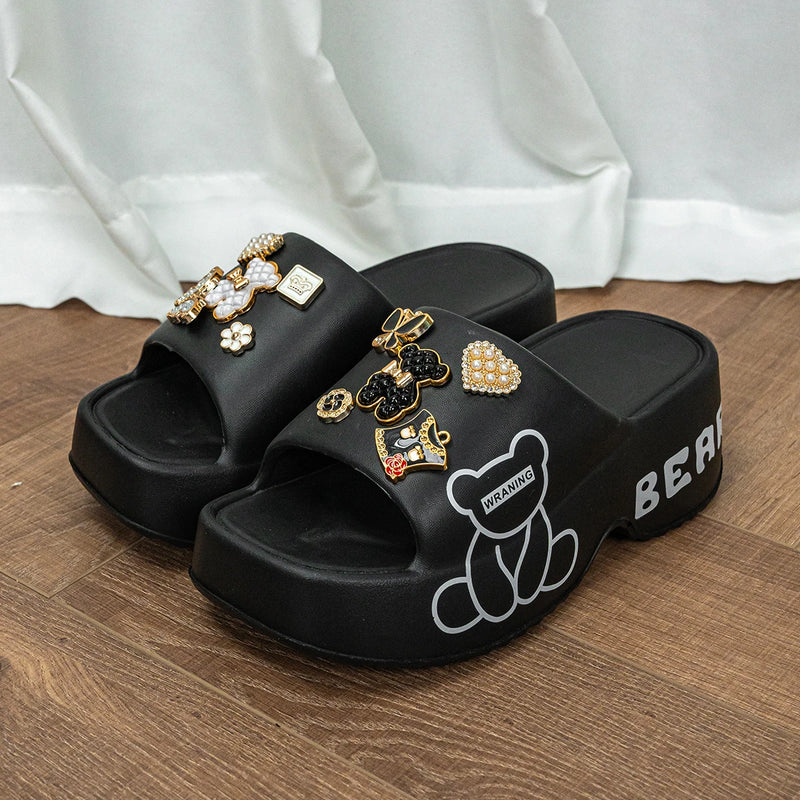 Novo urso preto e branco com sola grossa sandálias e chinelos femininos E19