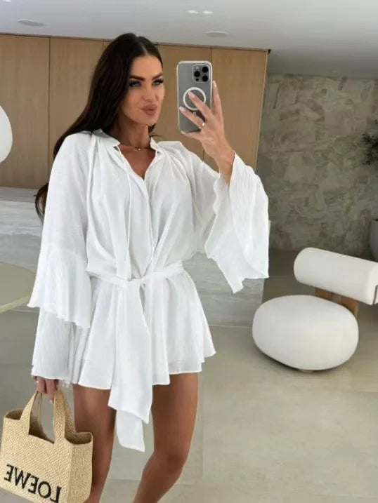 Elegante Plissado Vestido Curto Mulheres Solto Lace Up Manga Longa Flare V Neck Vestidos Feminino 2025 Primavera Oco Out Praia Robe Senhora