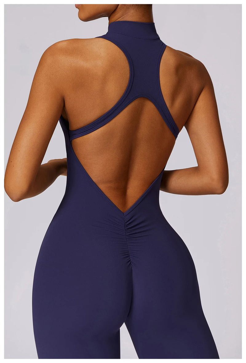 V Voltar Terno De Uma Peça Das Mulheres Macacão Esportivo Zíperes Yoga Macacão Backless Sportswear Mulheres Sleeveles Workout Bodysuits Feminino
