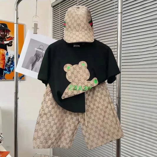 Roupas para Crianças Meninos Verão Cartoon Bear T-Shirt & Plaid Shorts Conjunto de 2 Peças Conjunto de Treino Geométrico Adolescente Menina Urso Estereoscópico