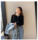 Suéter de malha feminina com decote em O Botão Pulôveres Primavera Outono Suéteres Básicos para Feminino Pulôver Slim Sólido Negrito Listradas Tops