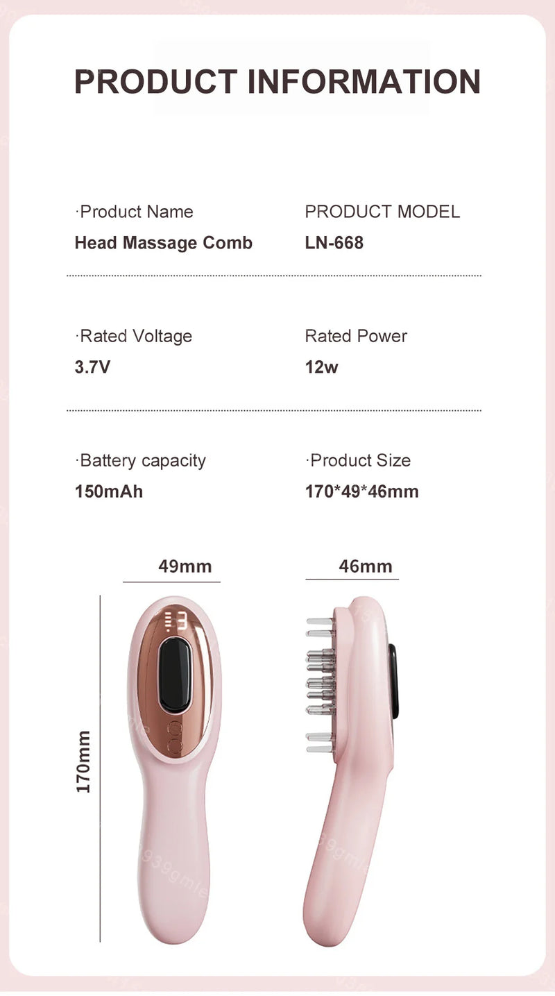 Massageador de Luz Vermelha e Azul Pente Massageador de Cabelo Aplicador para Couro Cabeludo Massageador de Cabeça Pente de Massagem Elétrico Pente de Massagem Capilar com Nano Vibração