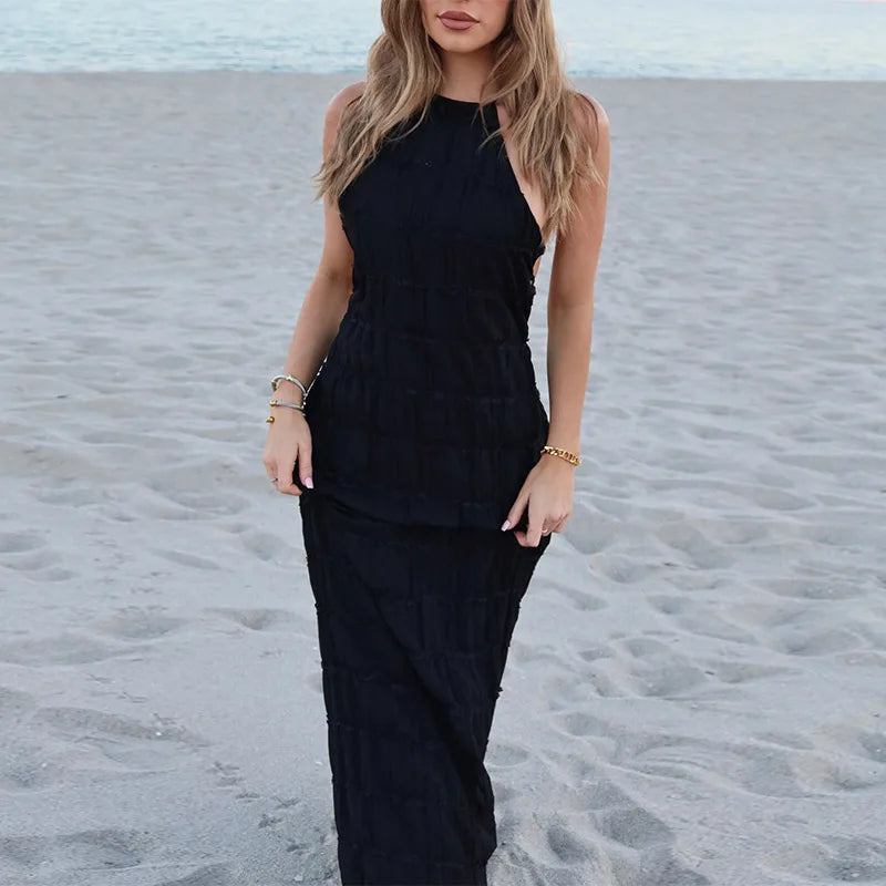 Elegante Plissado Halter Vestidos Longos Mulheres Retro Sexy Slim Sem Mangas Sem Encosto Vestido de Praia Feminino Chic Party Holiday Vestidos