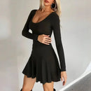 Vestidos femininos Mia Muse para todas as estações Namoro francês Cor sólida Bainha de alface Manga comprida Decote redondo Mini vestido de festa com babados