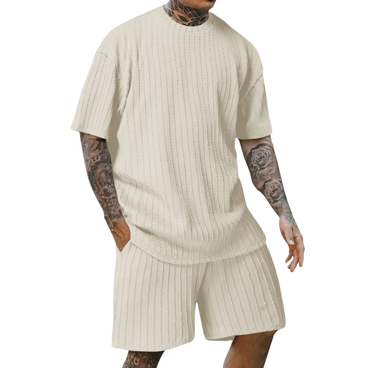 Nova moda masculina esportes de verão cor sólida gola vertical listra T-shirt shorts terno de manga curta