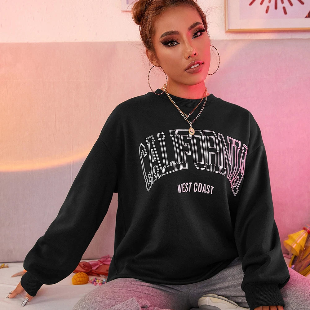 Tendência coreana Mulher Camisolas Califórnia Costa Oeste Impressão Feminino com capuz Mangas Compridas O-pescoço Pulôveres Roupas Esportivas e Ricas