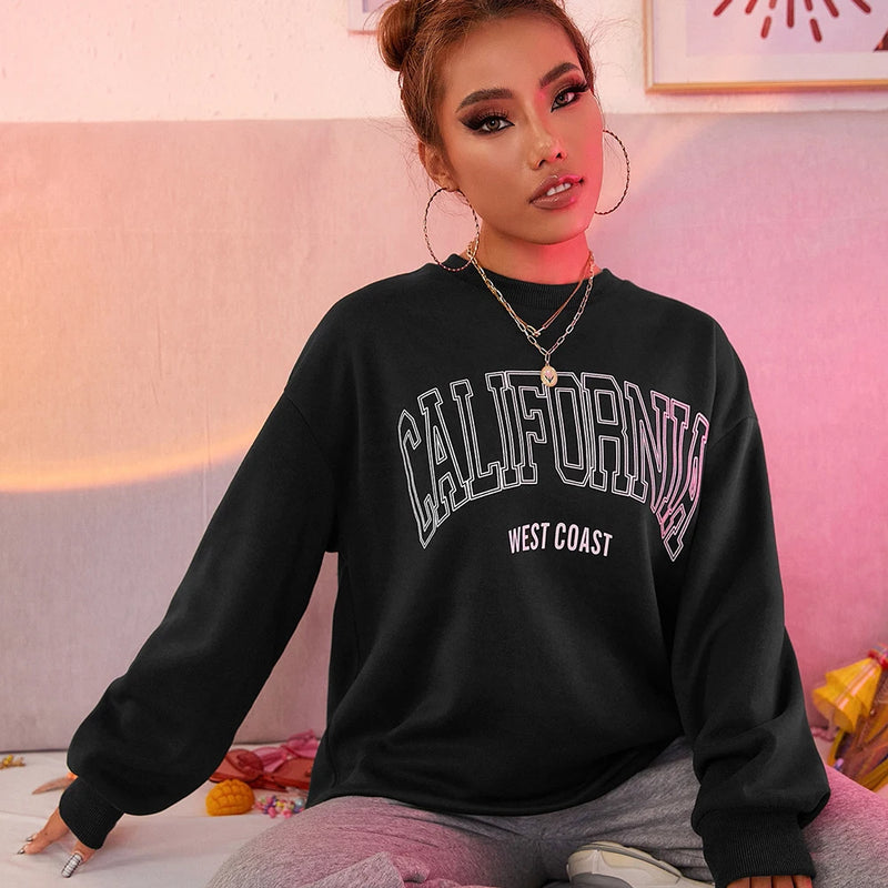 Tendência coreana Mulher Camisolas Califórnia Costa Oeste Impressão Feminino com capuz Mangas Compridas O-pescoço Pulôveres Roupas Esportivas e Ricas