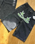Shorts Jeans com Estampa de Grafite de Geometria Gótica Retro Americana Homens Mulheres Y2k Cintura Baixa Folgada na Altura do Joelho Jorts Curto