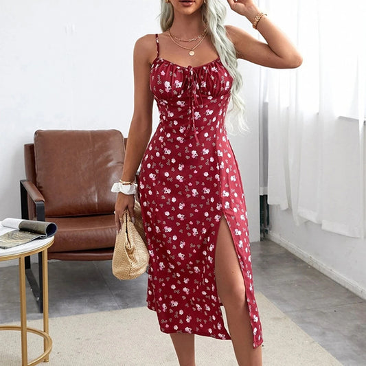 Roupas Femininas Verão 2024 Tendência Vestido Floral, Estampa de Flores Alças Finas Sem Mangas com Fenda Alta para Senhoras
