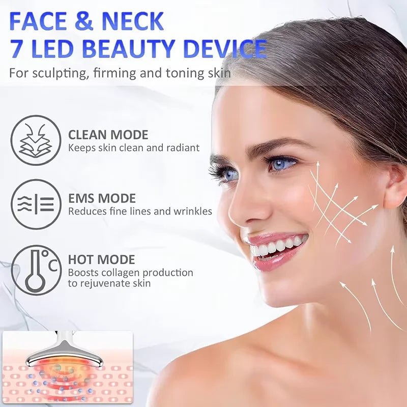 Dispositivo de Beleza para Pescoço EMS de 7 Cores Massageador Facial Lift Rejuvenescedor Removedor de Papada Anti-Rugas Massageador Facial com LED Fotônico para Firmar a Pele