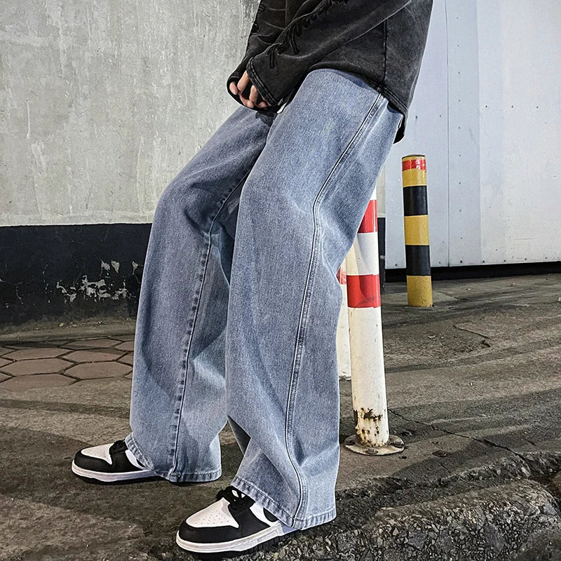 2024 Novo Streetwear Jeans Solto Masculino Estilo Coreano Moda Solta Reta Perna Larga Calças Masculinas Roupas de Marca Preto Azul Claro