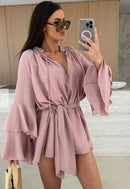 Elegante Plissado Vestido Curto Mulheres Solto Lace Up Manga Longa Flare V Neck Vestidos Feminino 2025 Primavera Oco Out Praia Robe Senhora