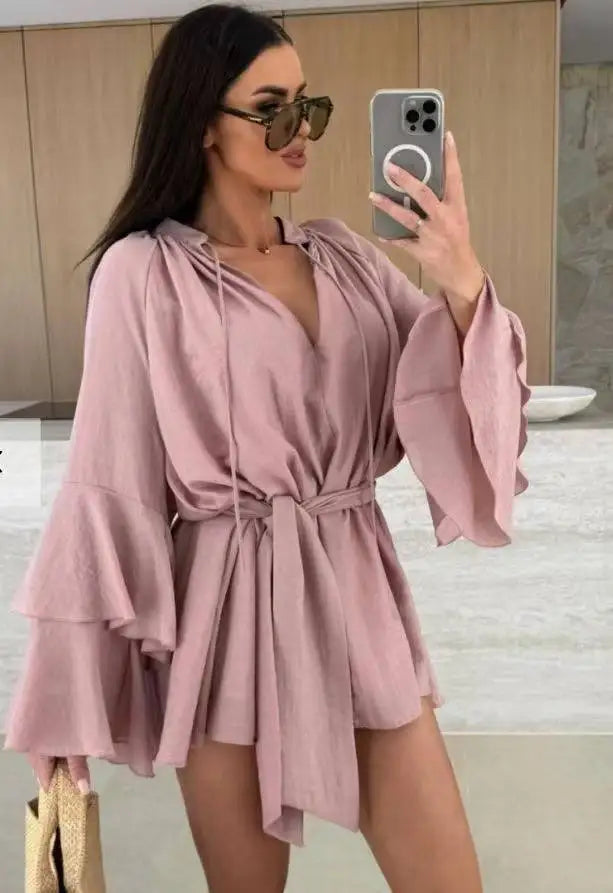 Elegante Plissado Vestido Curto Mulheres Solto Lace Up Manga Longa Flare V Neck Vestidos Feminino 2025 Primavera Oco Out Praia Robe Senhora