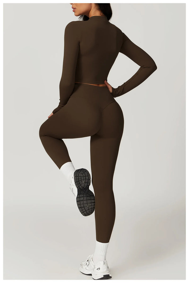 3 PCS Conjunto de Yoga Conjuntos de Treino Feminino Sportswear Roupas de Ginástica Fitness zíper Manga Comprida Cintura Alta Leggings Ternos Esportivos Terno de Ioga