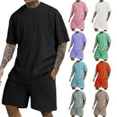 Nova moda masculina esportes de verão cor sólida gola vertical listra T-shirt shorts terno de manga curta