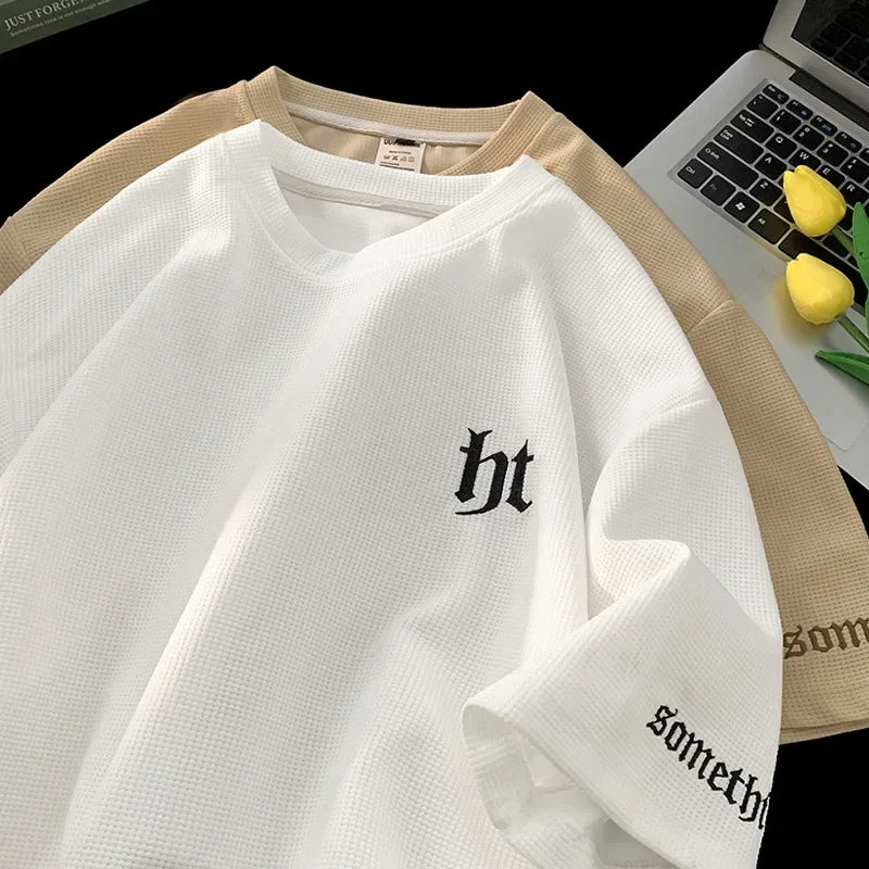 Hefty Walfr Checks Estilo Japonês Ins Camiseta de Manga Curta para Homens Primavera Verão Juventude Oversize Gola Redonda Meia Manga