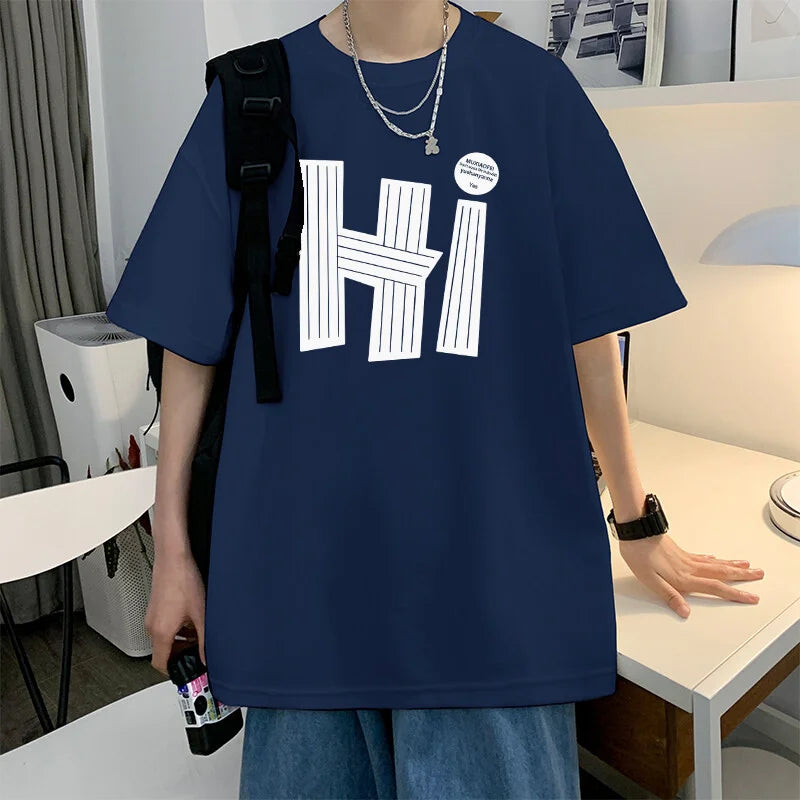 Camisetas masculinas Algodão 4XL Tamanho Grande Preto Masculino Verão Camiseta Oversized Letra Oi Impressão Casual Camisetas Roupas Masculinas