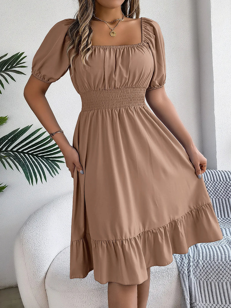 Mulheres Vestidos Pequenos 2024 Verão Casual Decote Quadrado Manga Curta Cintura Vestido de Borda com Babado Mulheres Elegante